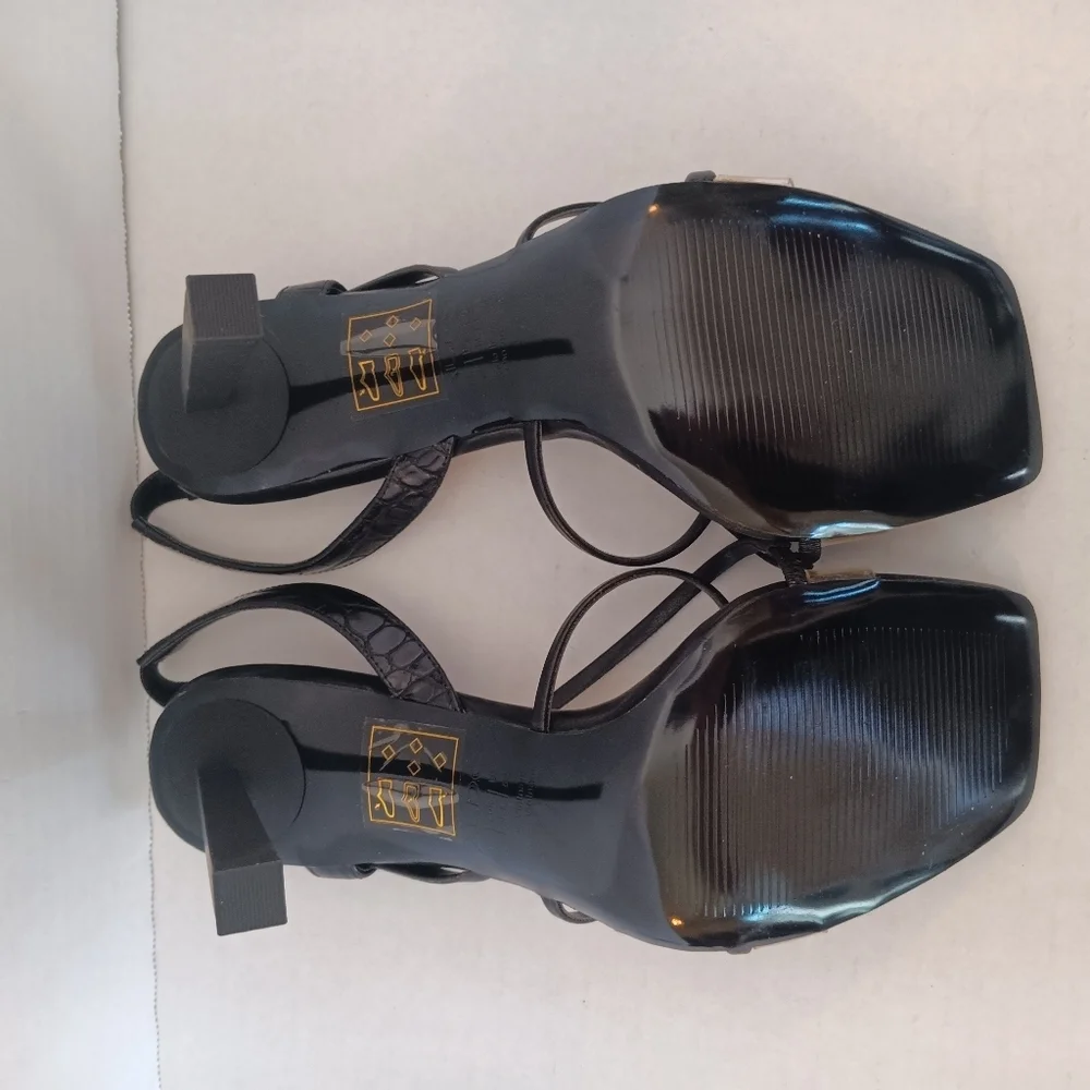 Aldo Sandals Women's Size 8 Juliet Heeled Black Straps Clear Toe Band Square Toe - Picture 8 of 12